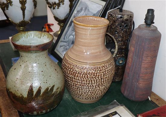 An Hannie Mein Studio pottery lamp and three other pieces